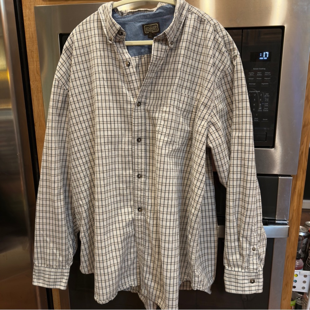 CE Schmidt Workwear Mens 2XT Tall Plaid Button Down‎ Shirt Cream Tan 100% Cotton